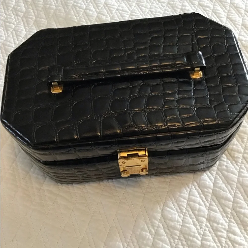 Vintage Croc Embossed JEWELRY BOX Travel Case Black Patent